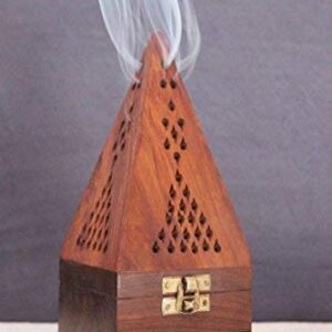 8.50" INCH Wooden Pyramid Shape Dhoop Batti/ Agarbati /Incense Stick Holder with Drawer with Free dhoop Cones in 4 fragrances