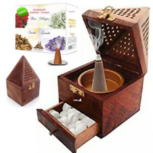 6.75 Inch Wooden Pyramid Shape Dhoop Batti Stand/Wooden Incense Holder/Dhoop dan with Free dhoop Cones in 4 fragrances