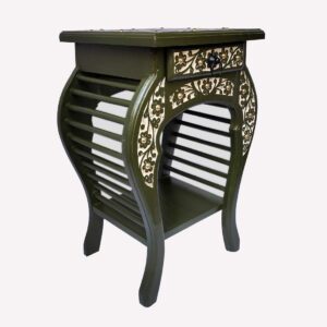Fazzilet classic green Bedside Table for Living Room with Drawer / Multipurpose End Table / Bedside Table Enhanced Floral Carved
