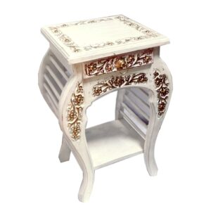 Fazzilet Royal Finish Wooden Side Table for Living Room with Drawer/Multipurpose End Table /Bedside Table Enhanced Floral Carving