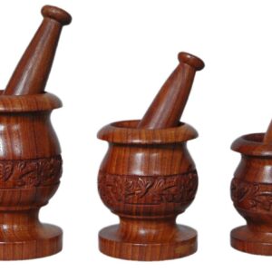 Fazzilet Wooden Okhli Mortar | Imam Dasta | Ohkli Musal | Mortar and Pestle Set | Kharal | khalbatta | Mixe r and Grinder Set for Kitchen in pure shisham wood  (set of 3 pcs) with carving work and made with single piece wood