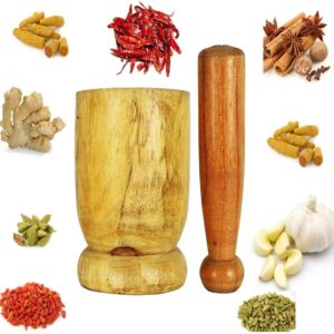 Fazzilet Wooden Okhali and Musal/Mortar and Pestle Set (Natural Brown)