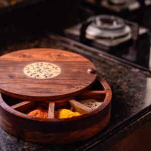 Wooden Round Spice Box with Floral Burnt Design in Sheeham Wood