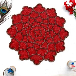 Fazzilet Handcrafted Red Beaded Round Table Mat - Multi Flower Design