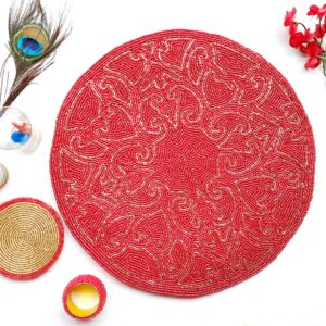 Fazzilet Handcrafted Red Beaded Round Table Mat - Flower design