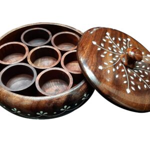 Round Sheesham Wooden Masala Box / Spice Box and Spoon