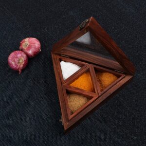 Pure Sheesham Wooden Masala / Spice Box with Spoon - Triangular Design