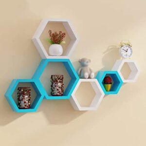 Hexagon Shape Wooden Floating Wall Shelf (Set of 6, Sky Blue&White)