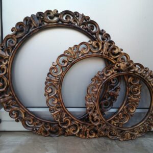 Round Wooden Wall Mirror / Photo Frame - Antique
