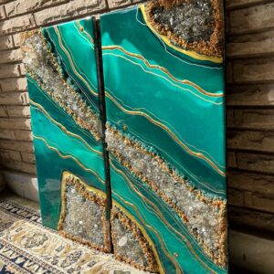 Fazzilet Emerald Green Resin Geode| Resin Painting| Crystal Wall Hanging| Commission Art| Set of 2